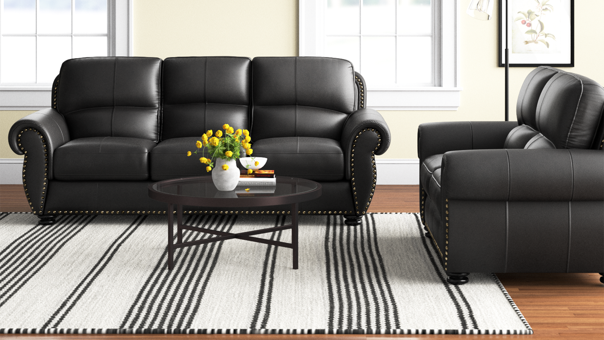 Black leather sofa set in interior scene